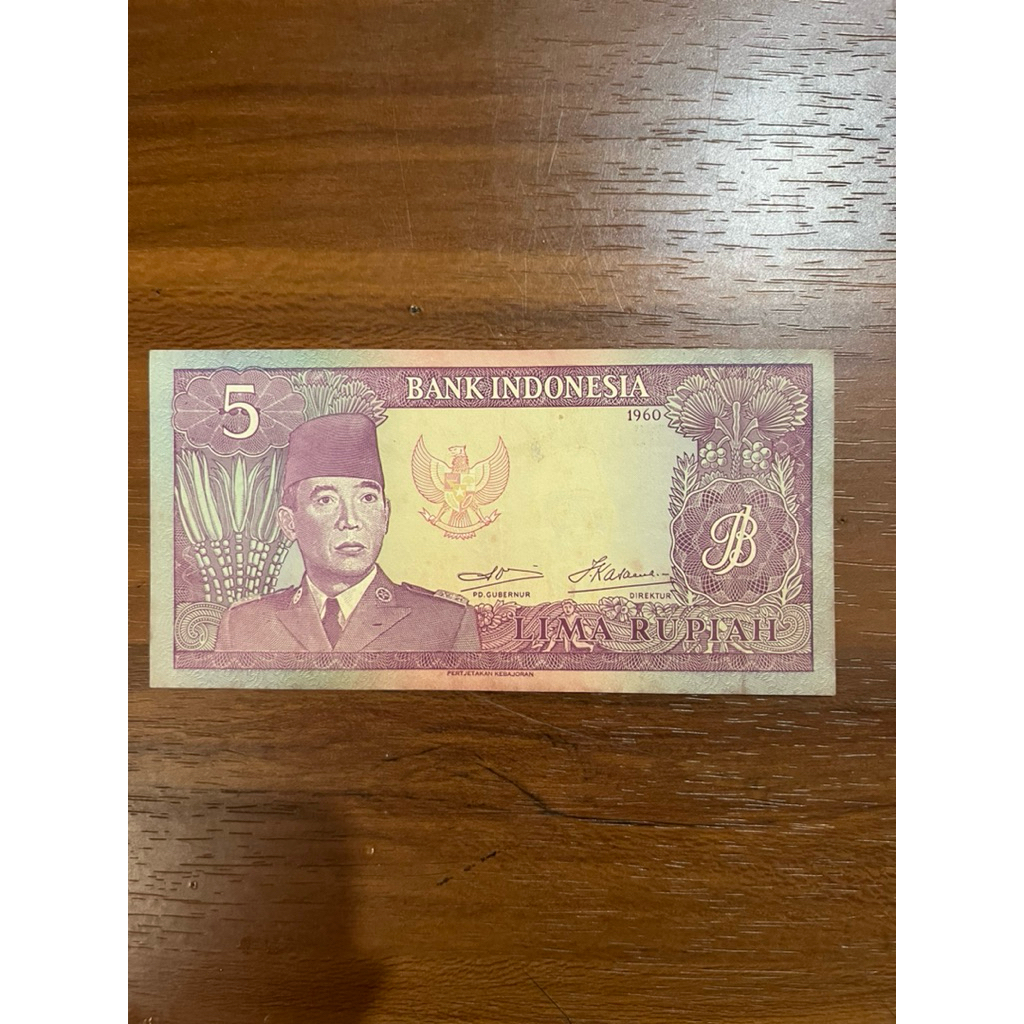 Uang Kertas 5 Rupiah 1960 Seri Soekarno UNC Koleksi Kuno