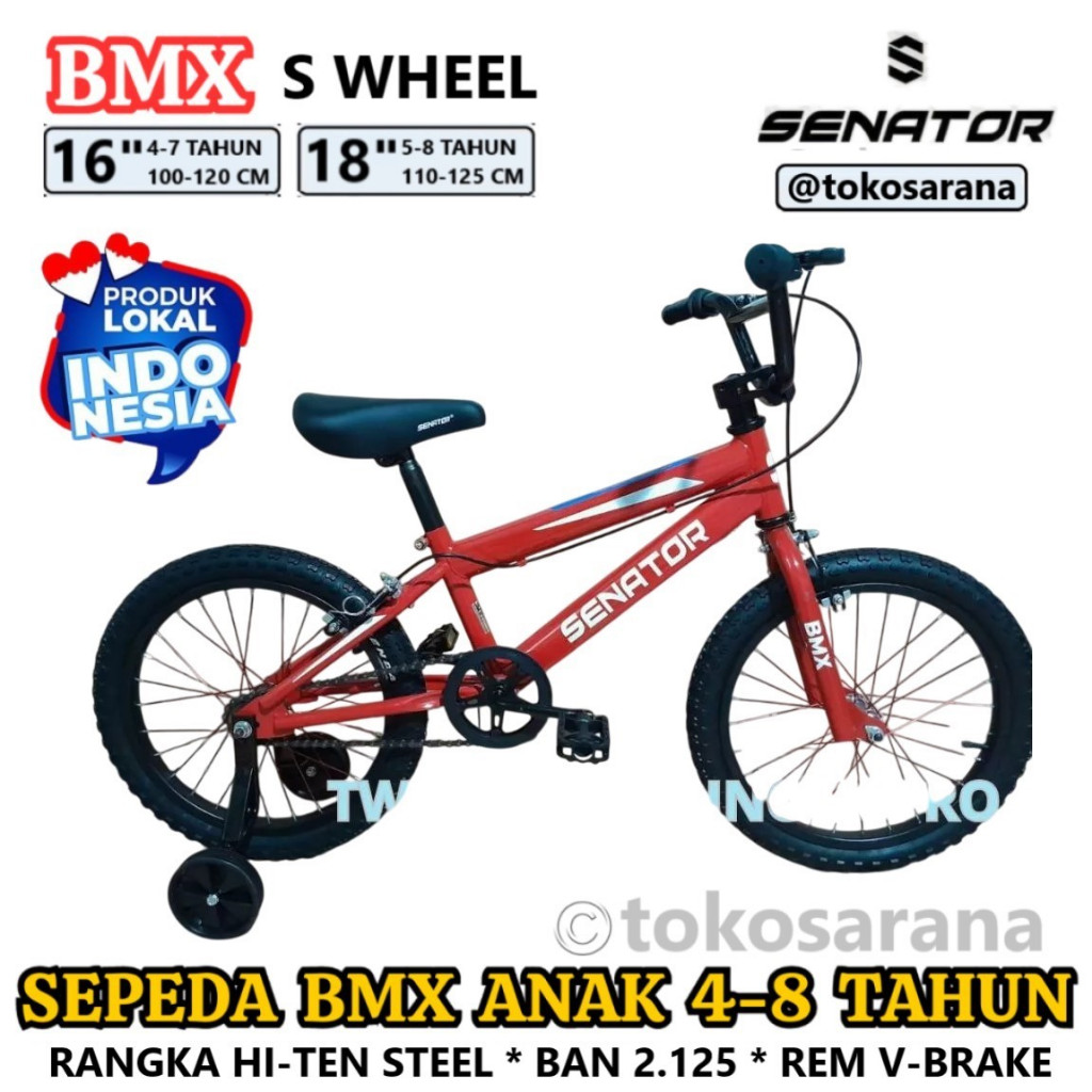 Senator S Wheel Sepeda BMX 18 Inci Ban Segala Medan 2.125 Rangka Steel Rem V-Brake Anak 5-8 Tahun