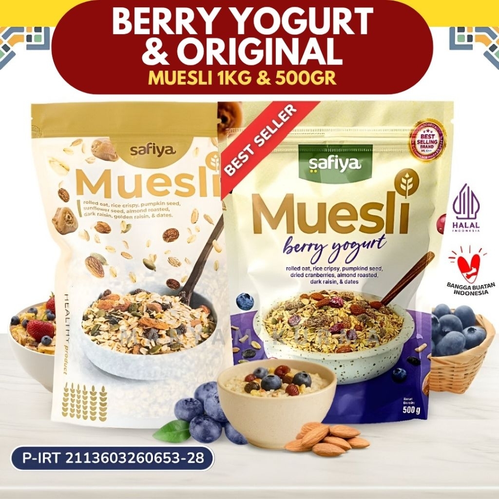 

MUESLI ORIGINAL | BERRY YOGURT SAFIYA 1 KG DAN 500 GR DRIED FRUIT SEREAL SARAPAN SEHAT MEDAN