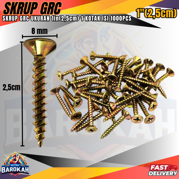 Skrup Kuning GRC 1 inch / Carsli Board Screw / Sekrup GRC 1" (2.5cm) 1 KOTAK ISI 1000 PCS Tajam Pres