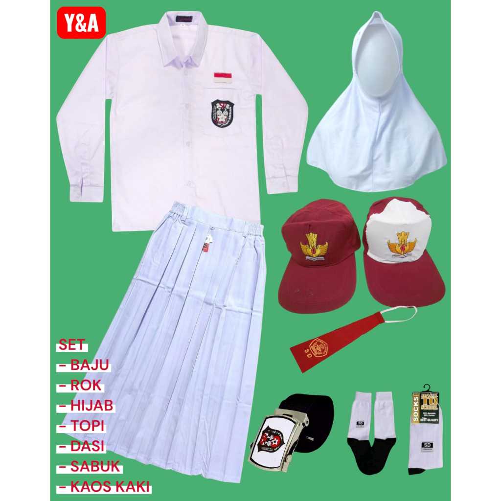 Setelan Seragam Sekolah SD Anak Perempuan Hijab Baju Putih Lengan Panjang Dan Rok Panjang Putih Usia