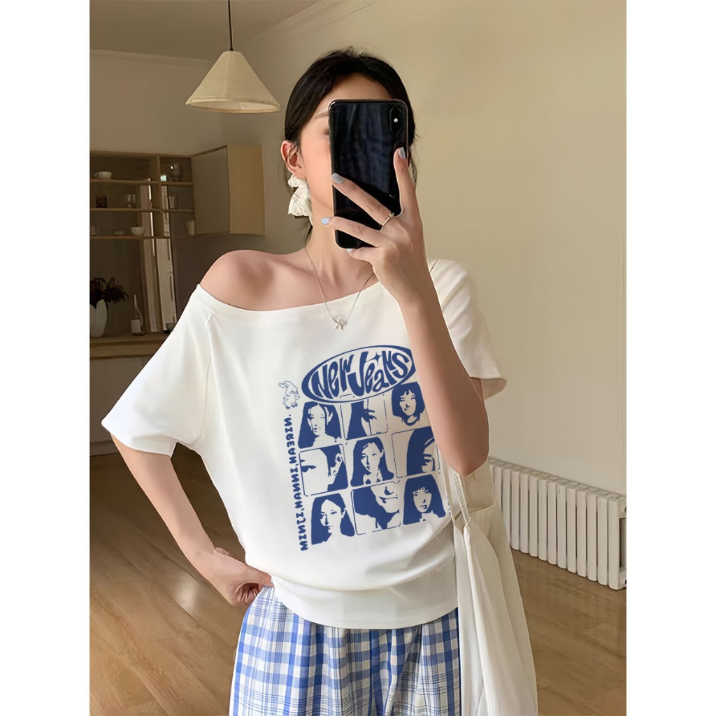 JW Kaos Wanita Gaya Jalanan Amerika | Korean Girl Group Avatar Print | Putih Seksi Tshirt Y2k Asymme