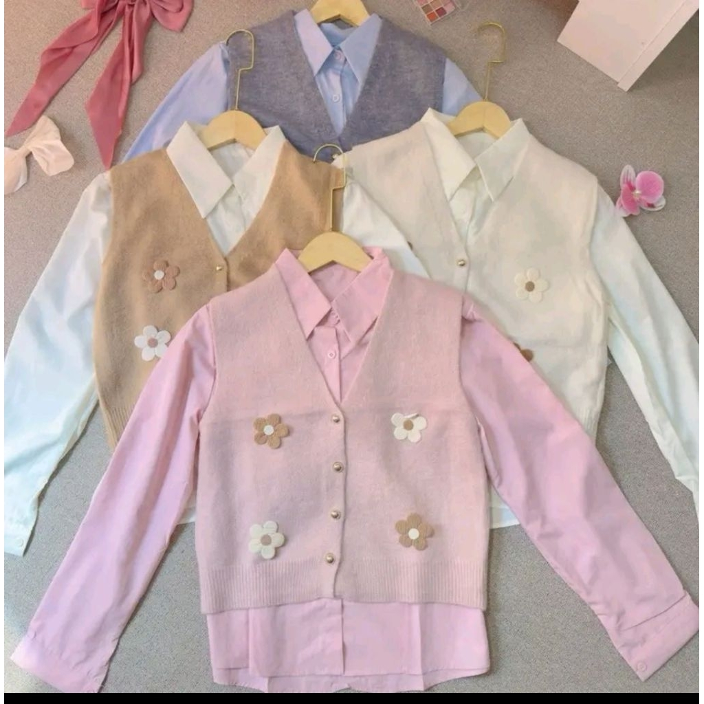KEMEJA SET VEST WANITA IMPORT WARNA PINK BY @MEIMEIJIA