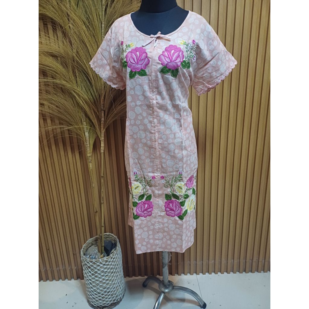 Daster Malang Wanita Katun Jepang Premium Bordir Bunga Mawar Peach