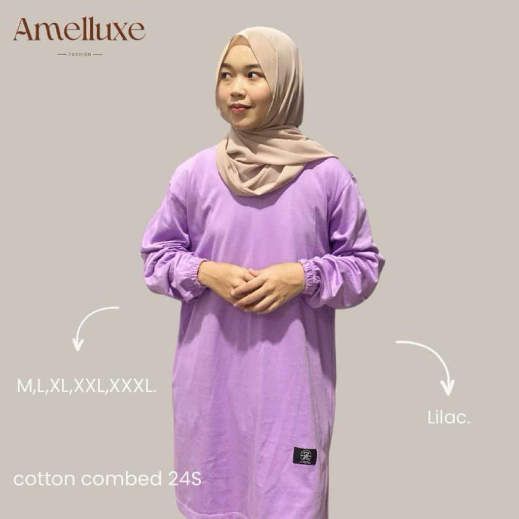 Atasan Tunik Polos Jumbo Warna Lilac Lengan Panjang - Tunik Kaos Bahan Cotton Combed 24s
