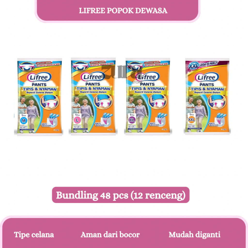 1 KARTON LIFREE POPOK DEWASA CELANA PAMPERS LANSIA MANULA SIZE M/L/XL/XXL ISI 12 RENCENG 48 PCS