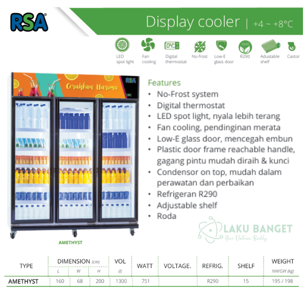 Showcase Chiller 3 Doors 1300 Liter RSA Amethyst / Showcase Minuman 3 Pintu RSA Amethyst Garansi Res