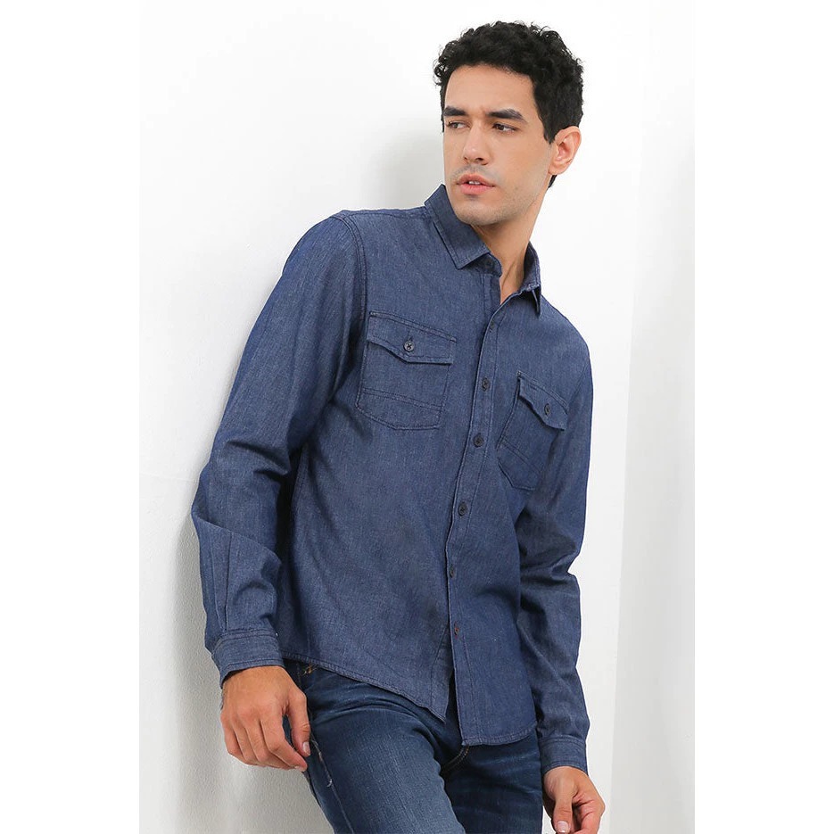 Cardinal Kemeja Jeans Lengan Panjang Slim Fit Pria Big Size