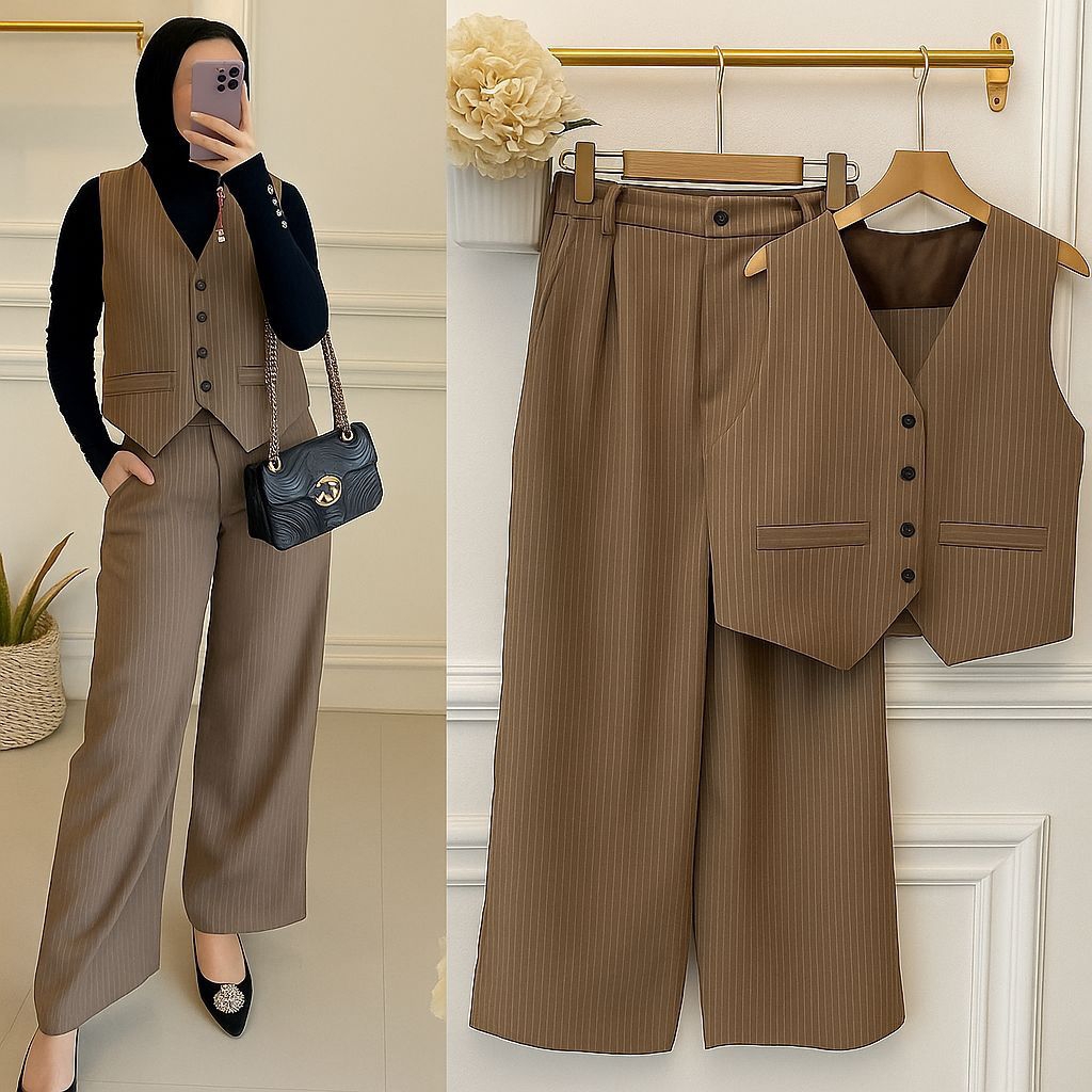 vest set celana | vest wanita wollstrip