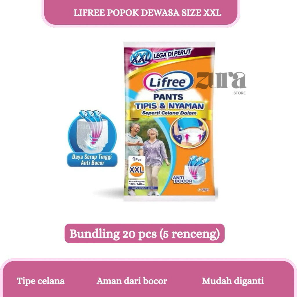LIFREE POPOK CELANA SIZE XXL 5 RENCENG 20 PCS LIFREE SACHET RENCENGAN PAMPERS DEWASA ORANG TUA LANSI