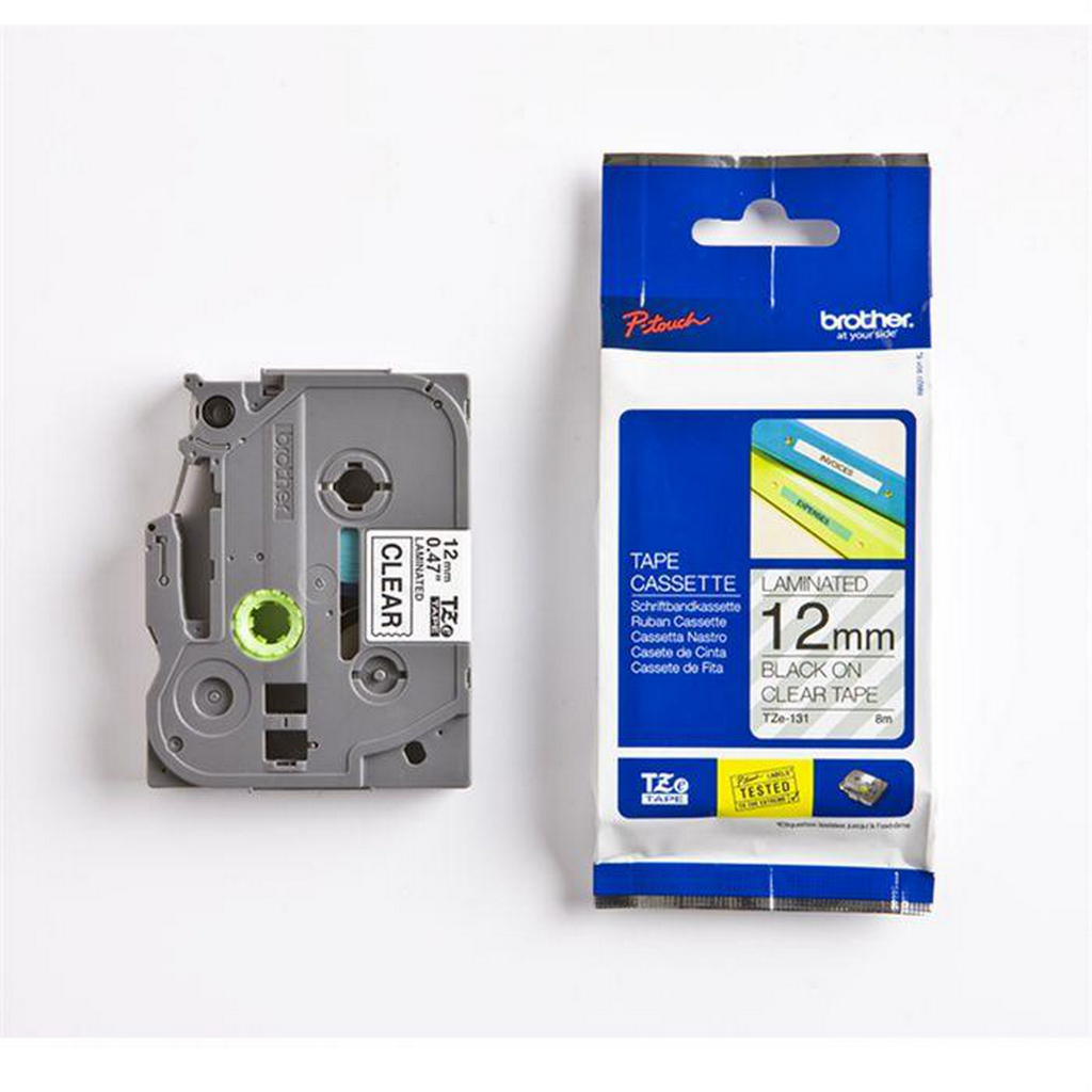 

Brother Label TZe-131 BLack on Clear 12mm x 8mm Standard Laminated Tape Transparant