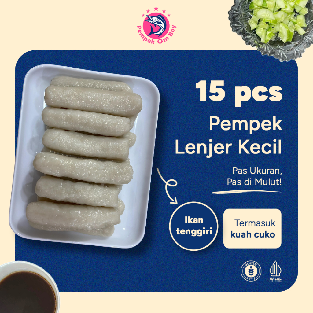 

Pempek Lenjer Kecil Palembang Isi 15pcs Ikan Tenggiri Asli Halal Cuko Gula Aren Tahan 3 Bulan