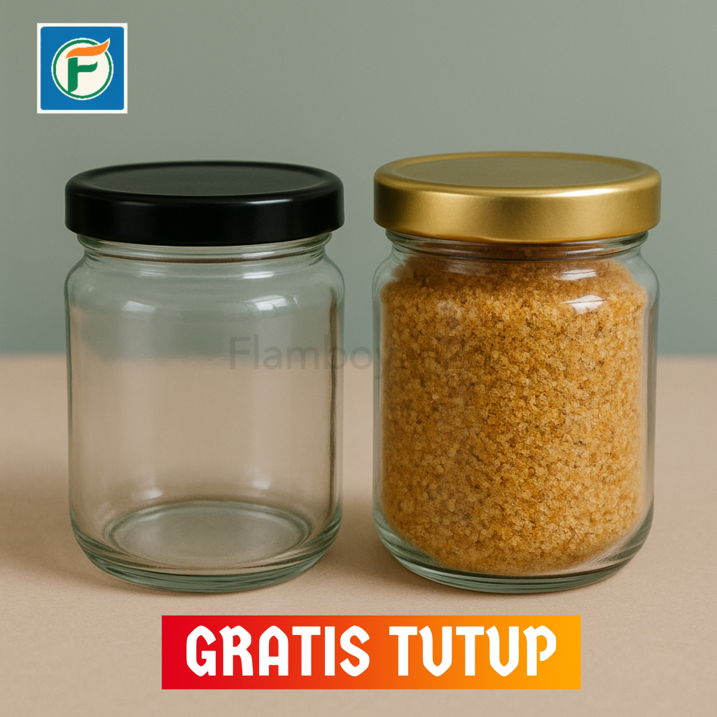 Jar Kaca 250ml Baru Tutup Alumunium Emas | Hitam | Plastik Putih | Toples Madu Sambal Selai | Kultur