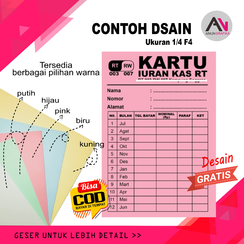 CETAK Kartu Infaq Custom,kartu Iuran Iuran Bulanan Spp Iuran Kas Sampah Air Listrik