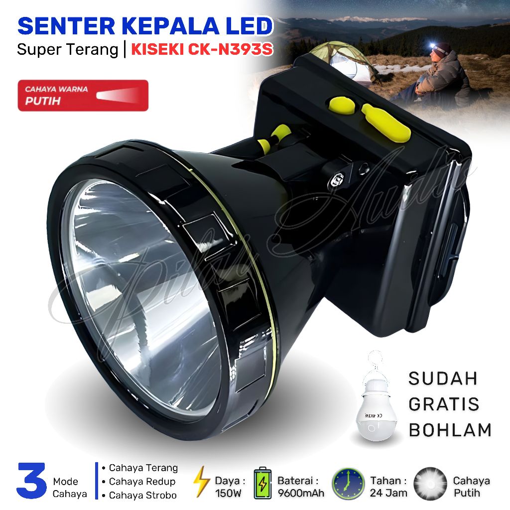 Senter kepala 150W Kiseki CK-N393S Gratis Bohlam Led | Headlamp Led Outdoor Camping CK-393+ Cahaya P