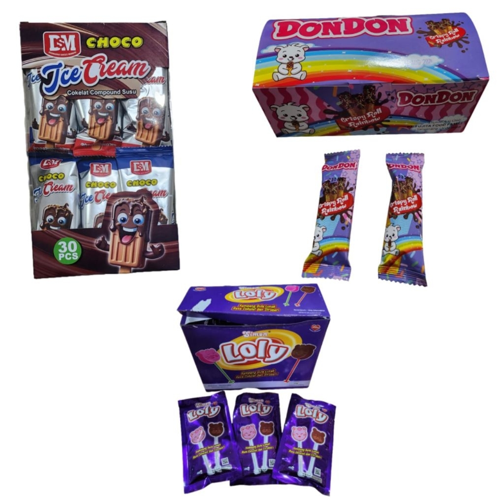 

PAKET COKLAT... DONDON CRISPY ROLL RAINBOW ISI 20 PCS + CHOCO ICE CREAM ISI 30 PCS + SIMON LOLI RASA COKLAT STRAWBERRY ISI 20 PCS