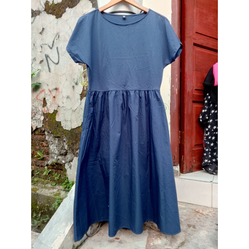 Dress Poplin katun Preloved Blue Navy Uniqlo Gaun biru