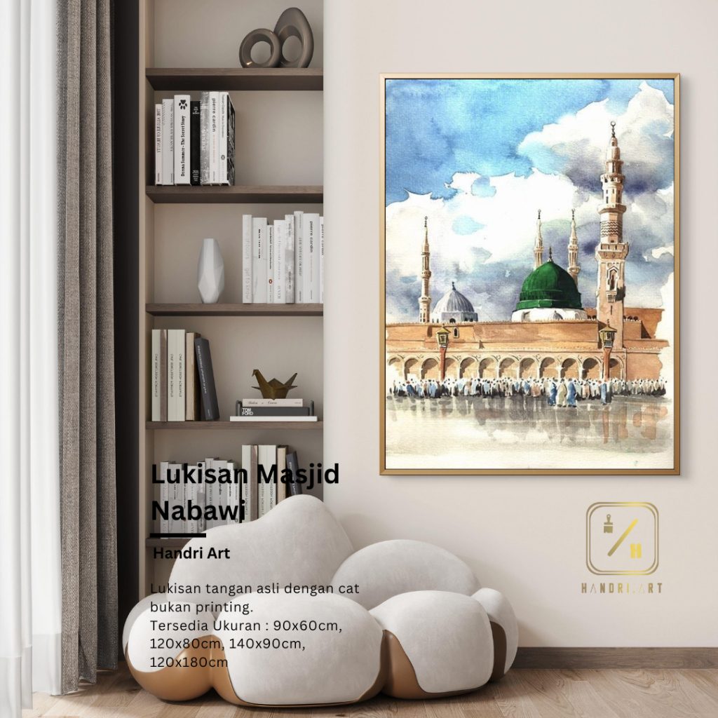 HandriArt | Lukisan Masjid Nabawi Abstrak Mewah | Posisi Potrait | Lukisan Tangan Asli 100% Handmade