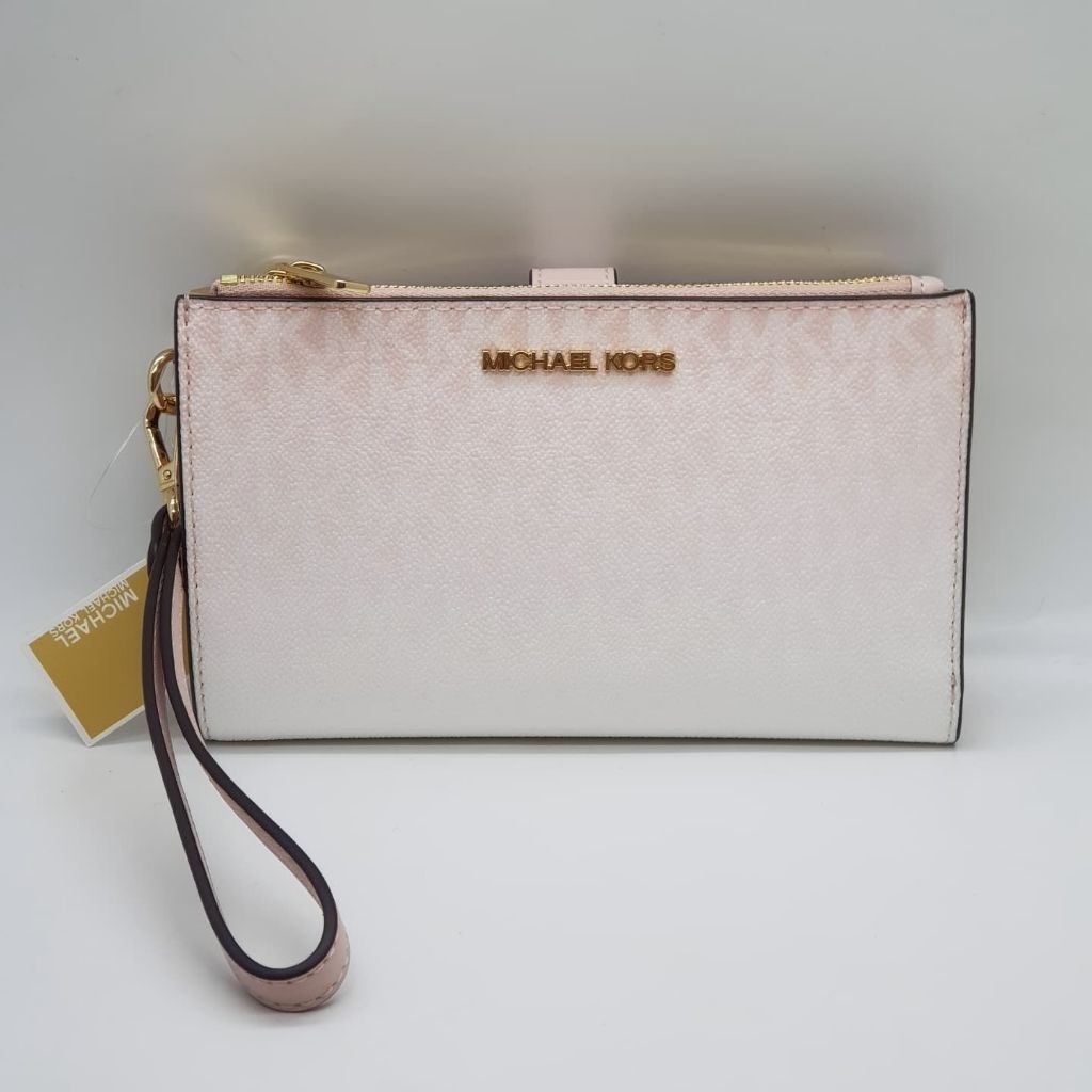 MK Jet Set Travel Double Zip Wristlet Wallet MK Logo Powder Blush