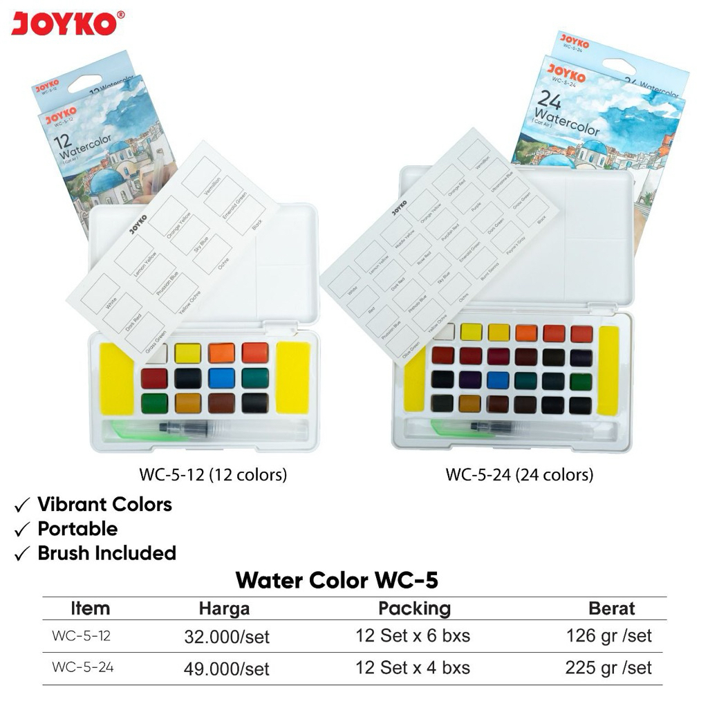 

( 1 set ) Cat Air 12W dan 24W 6ml / Water Colors WC-5-12 / Water Color Set WC-5-24 / Watercolor Paint Set - Alat Cat Air Set Joyko