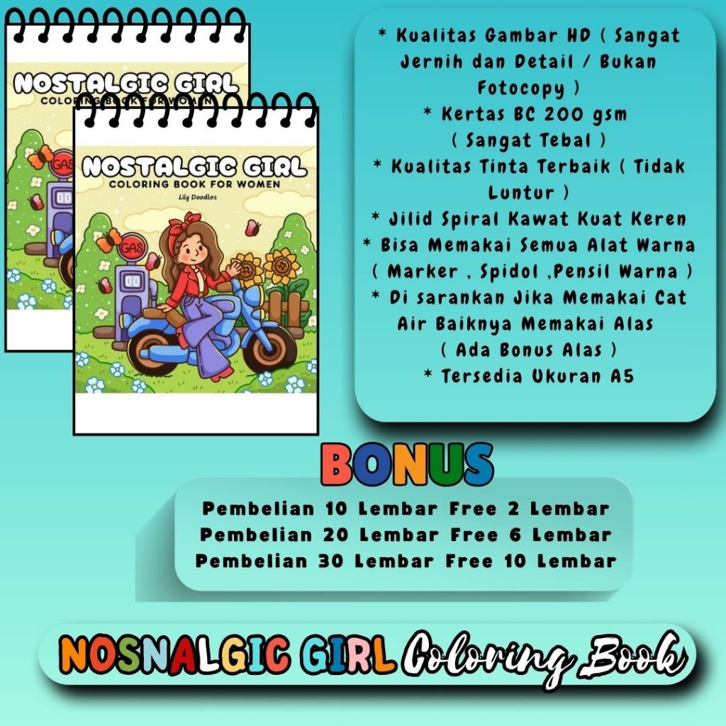 

NOSTALGIC GIRL Buku Mewarnai Coloring Bokk For Women Gambar HD Jernih Jelas Kertas 200gsm Sangat Tebal Jiid Spiral Kawat