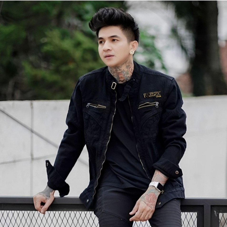 Jaket Jeans Pria Denim Kerah Shanghai Resleting || Jaket Fashion Berkualitas Distro Hitam Pekat
