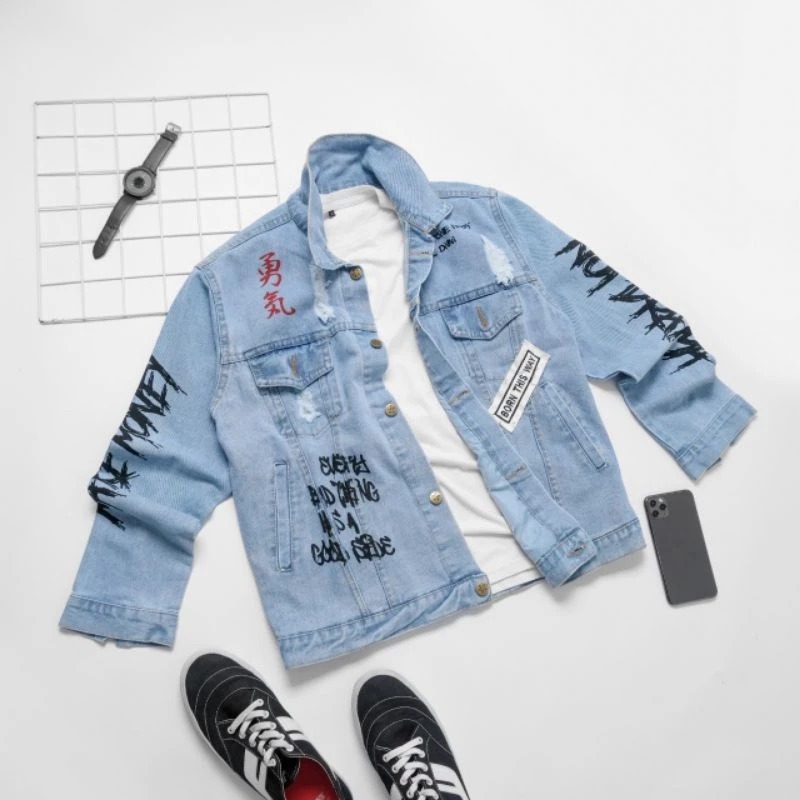 Jaket Jeans Grafiti Bordir Emblem Logo Full Print Digital
