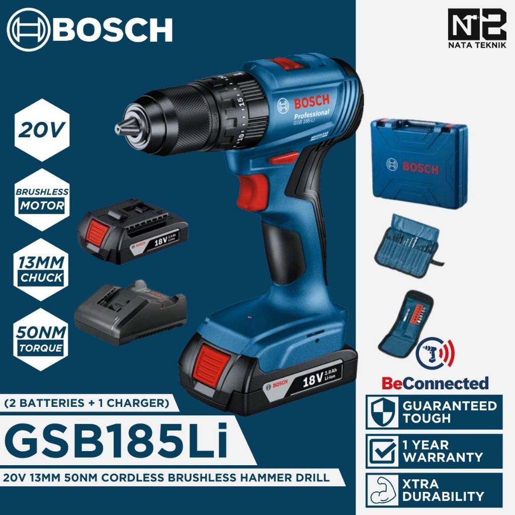 BOSCH GSB 185 Li Mesin Bor Tembok Baterai 20V Cordless Brushless Impact Drill / Hammer Drill 13mm BO