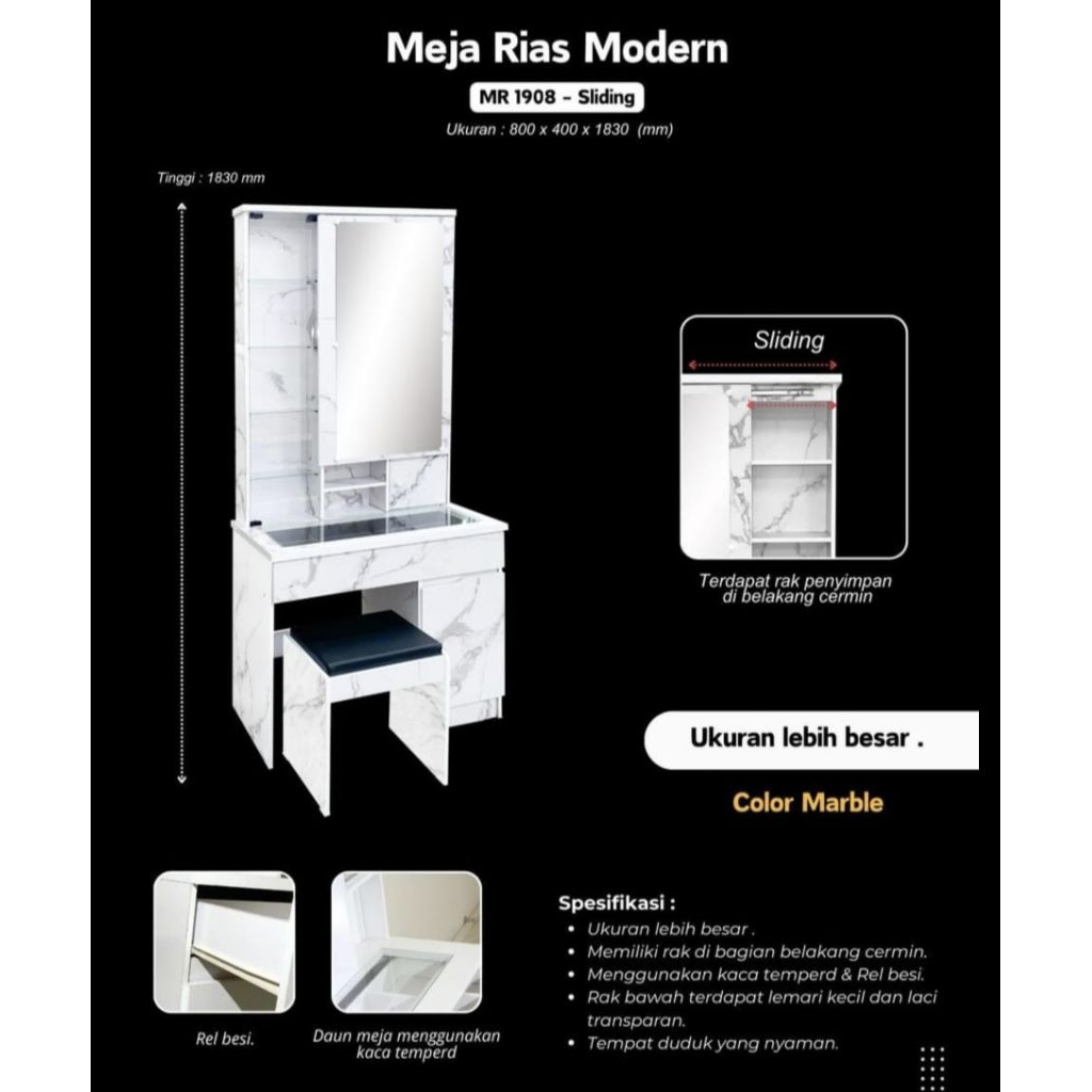 Dressing table / Meja Rias cermin sliding ukuran 80x40x183cm update model kekinian dalam cermin rel 