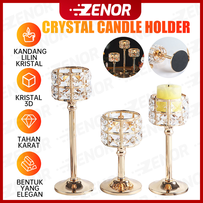 ZENOR 3 Height Crystal Candle Holder Tempat Lilin Kristal Gold Premium Dekorasi Kreatif Emas Cahaya 