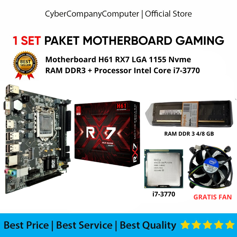 Paket Motherboard Gaming H61/B75 RX7 Plus Core Intel i7-3770 Suport Nvme Socket Lga 1155 Gen2/3 Free