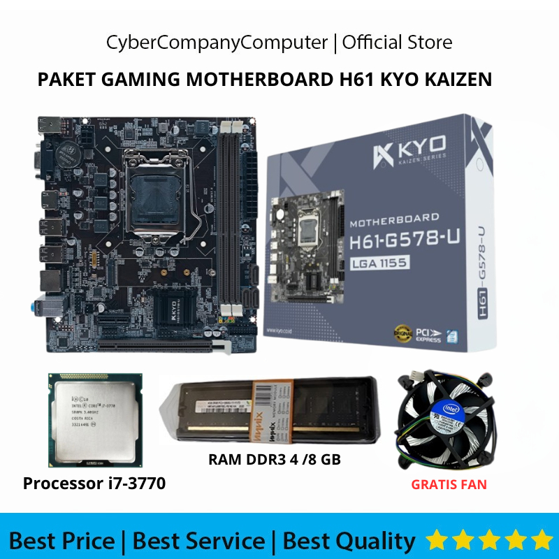 Paket Motherboard Gaming H61 KYO KAIZEN Core Intel i7-3770 Socket Lga 1155 Gen 3 Free Fan - Mainboar