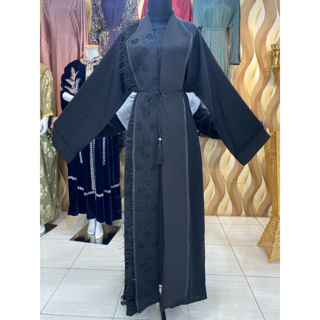 Abaya Dubai Model Inner Outer Remaja/Dewasa Motif Bunga Payet
