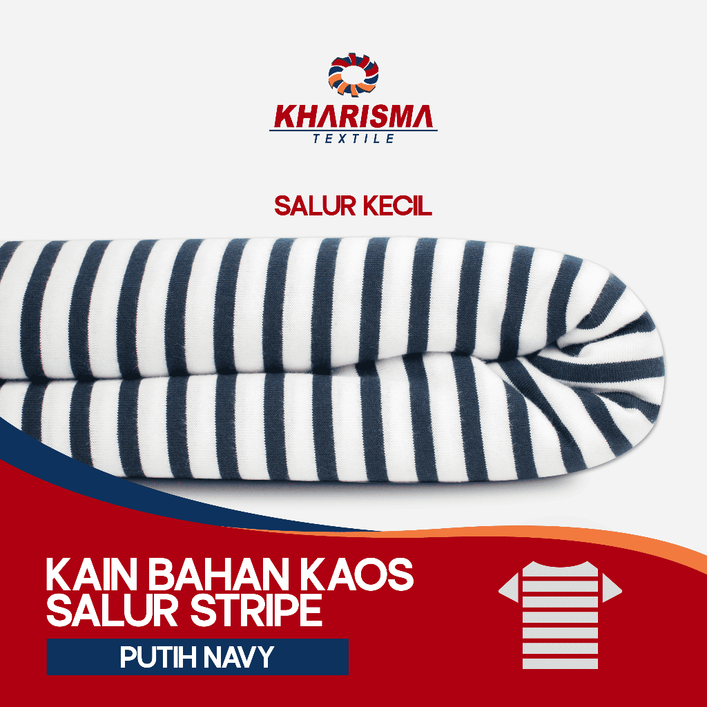 Kain Bahan Kaos Salur Kecil Putih - Navy CVC 30s Corak Motif Garis Stripe 0,7 cm x 0,5 cm Kharisma T