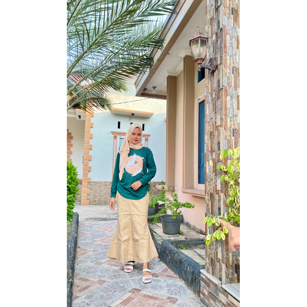 set celana kargo atasan bahan kaos combed / set rok duyung atasan kaos combed