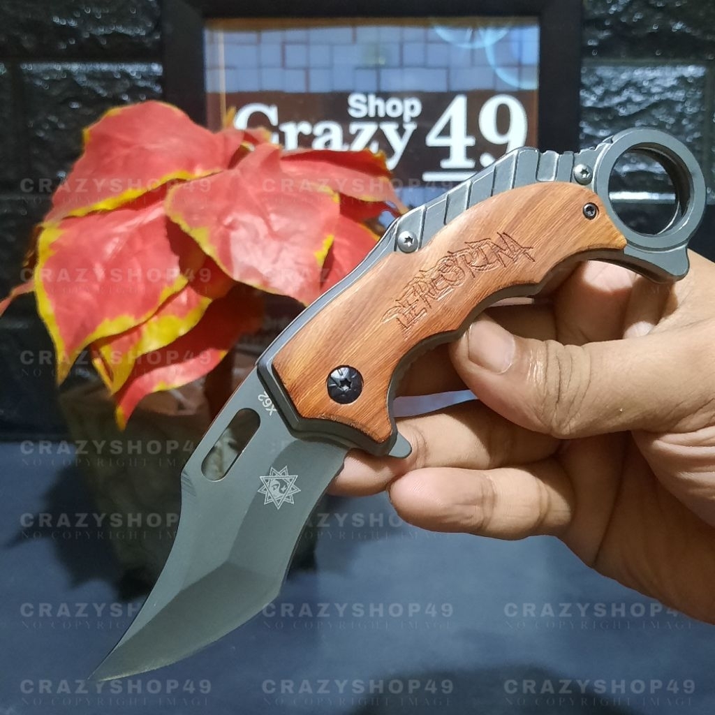 Pisau Survival Lipat Outdoor Derestina X62 Gagang Kayu Ergonomis