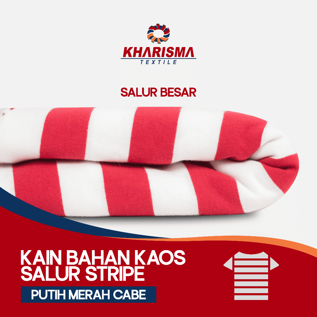 Kain Bahan Kaos Salur Besar 2cm Putih - Merah Cabe CVC 30s Corak Motif Garis Stripe Lebar 2 cm x 2 c