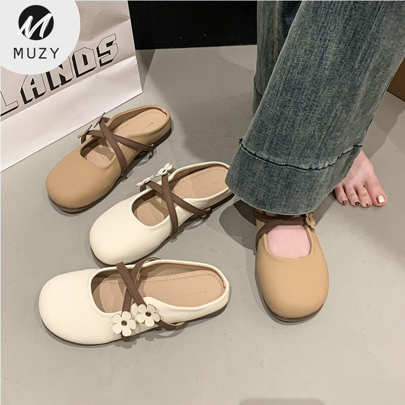 Muzy Sepatu Slip On Wanita Bunga Lucu Gaya Korea Flat Shoes Kasual Warna Cream HSN751