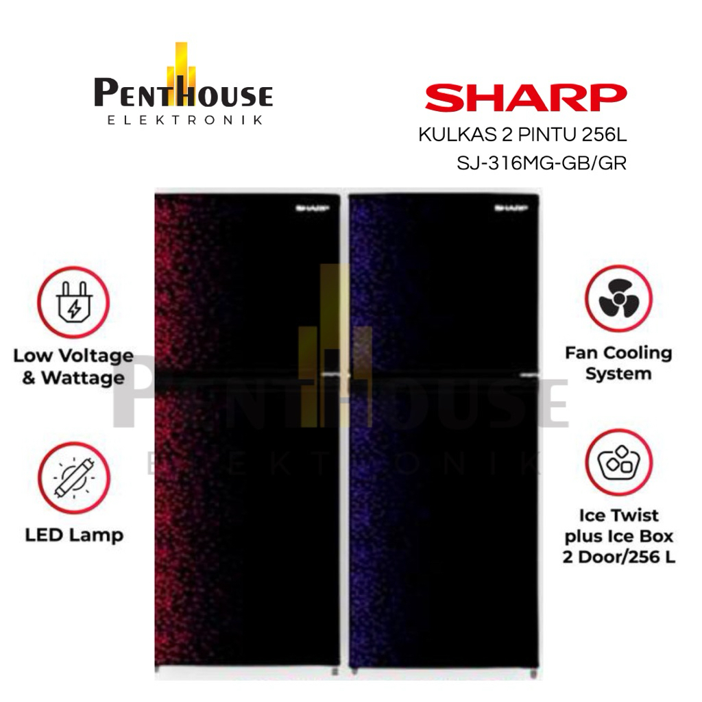 Sharp Kulkas 2 Pintu 256L SJ-316MG-GR/GB Shine Magneglas Series / SJ 316 MGGR MGGB Geometric Blue / 