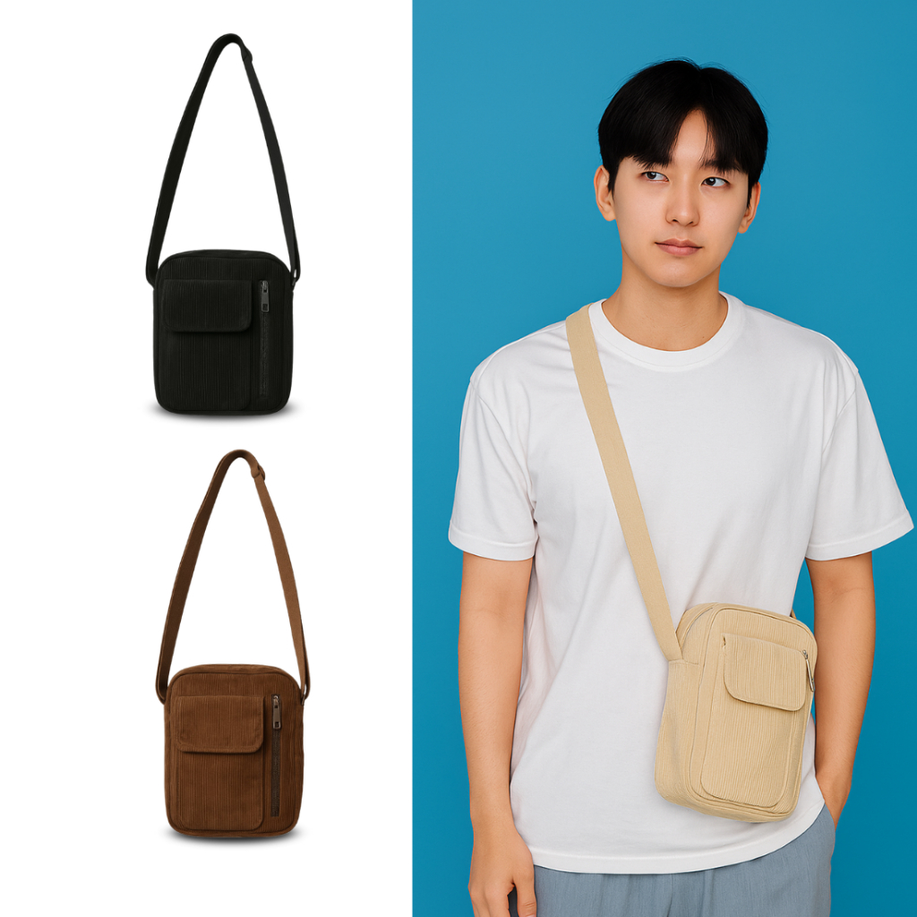 Acheron Tas Selempang Corduroy Cream Polos Pria Wanita Tas Selempang Slingbag Hp Handphone