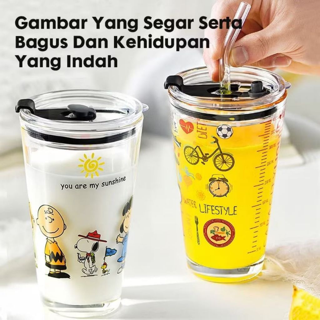 GELAS TUMBLER KACA 450ML // GELAS MINUM DENGAN TUTUP // GELAS KACA // GELAS MINUM