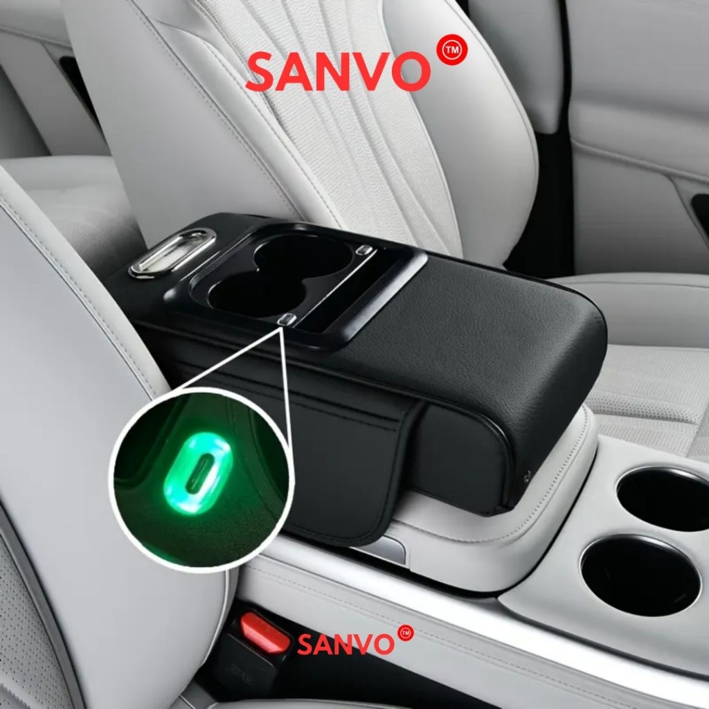 Sanvo Armrest Pad Mobil + USB Charging HP + Kotak Tisu Mobil Tempat Botol 5 In 1 Premium Quality /