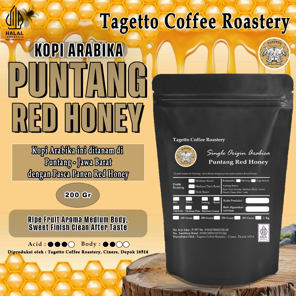 

KOPI ARABIKA PUNTANG RED HONEY 200GR | ARABICA BEAN GROUND BIJI BUBUK 200 GRAM TAGETTO COFFEE ROASTERY