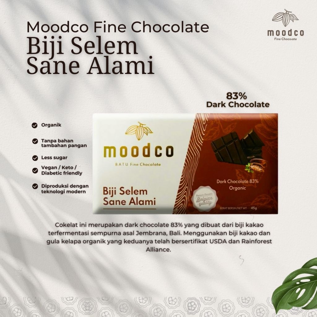 

Moodco | Biji Selem Sane Alami Dark Chocolate 83% | Fine Chocolate | Cokelat Sehat