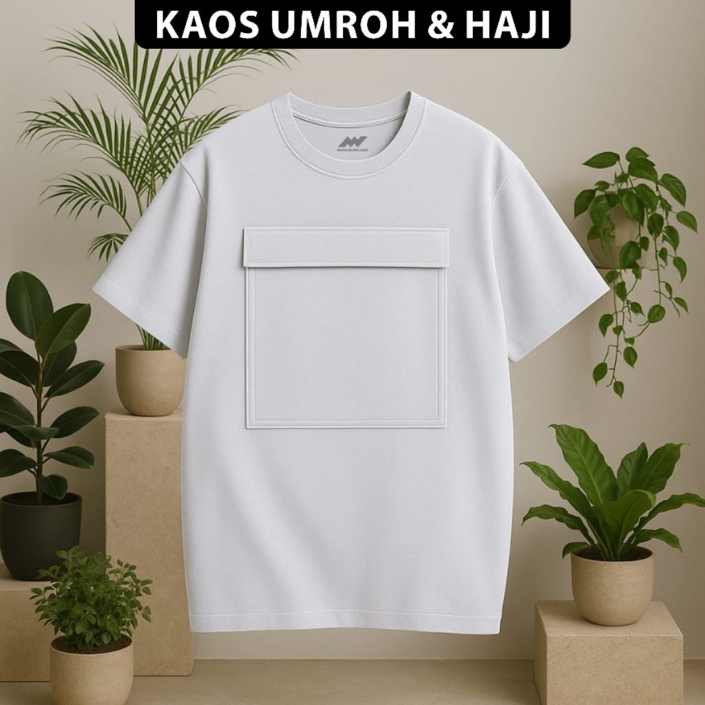 KAOS UMROH PRIA / KAOS UMROH & HAJI / KAOS PUTIH SAKU DEPAN RESLETING