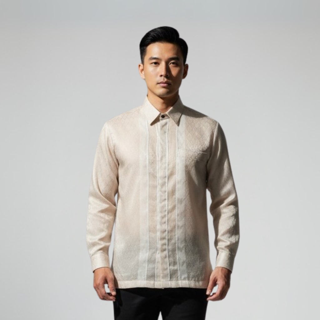 WOVNARA Tenun Premium Larasati - Kemeja Tenun Songket Baron Pria Lengan Panjang warna Nude