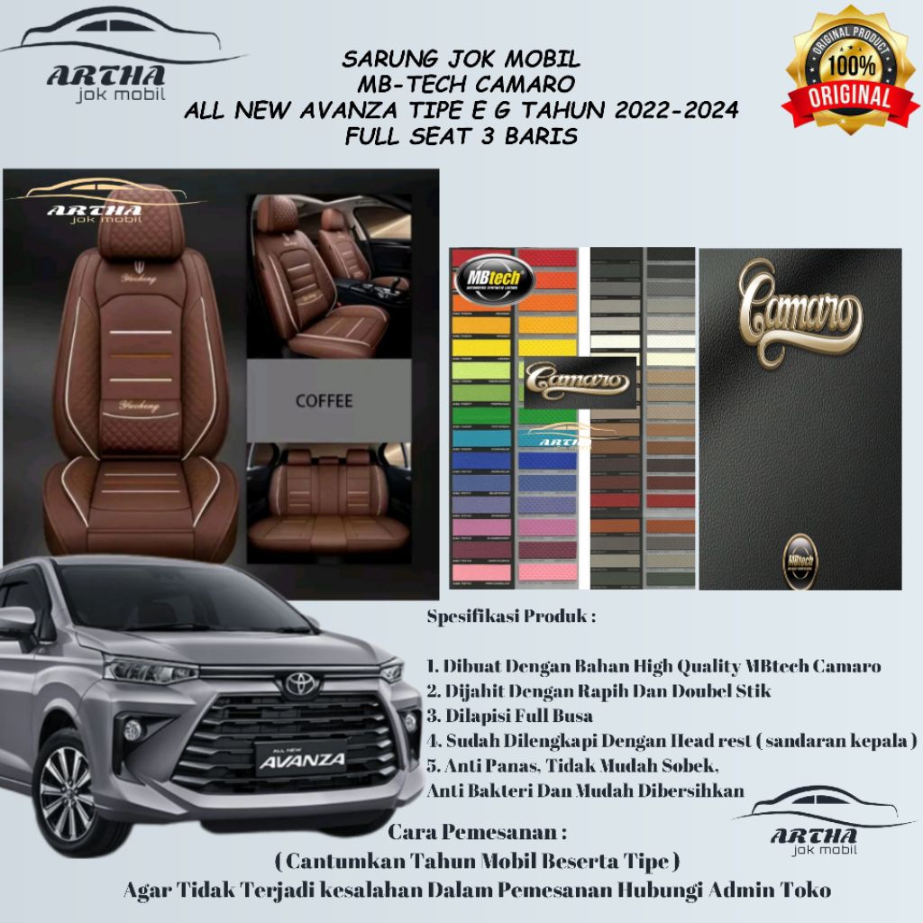SARUNG JOK MOBIL MB-TECH CAMARO ALL NEW AVANZA TIPE E G 2022-2024 FULL SEAT 3 BARIS