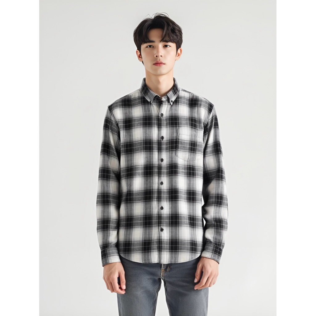 Peternation kemeja flanel pria wool basic panjang regular fit