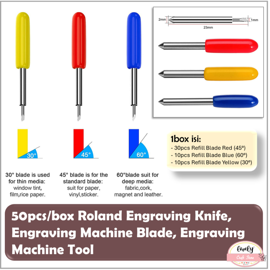 

LovelyCraftStore | 50pcs/box Roland Engraving Knife 30 45 60 Derajat, Refill Blade Cricut Machine Suitable for stickers, transfer paper, reflective film, thin cardboard, PVC, etc