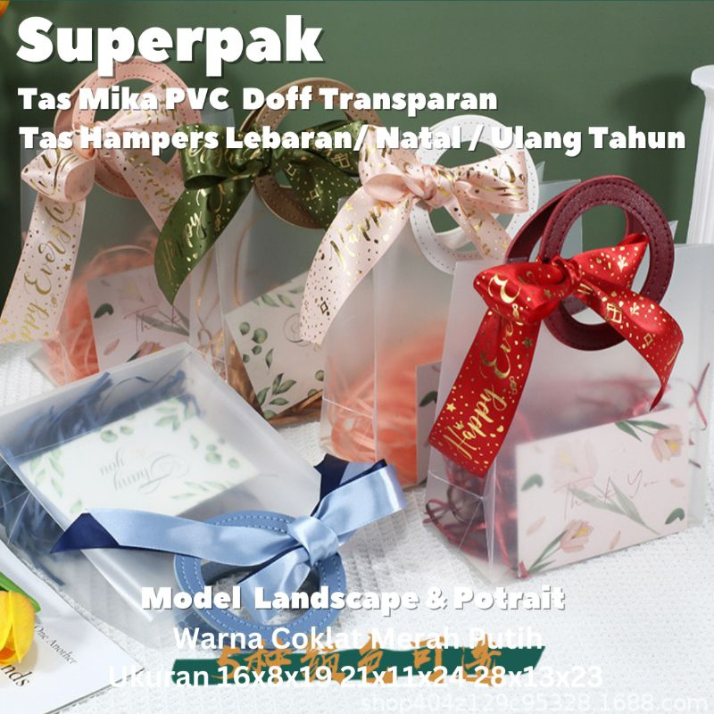 

Tas Mika PVC Doff Transparan Leather Handle Lebaran Natal Imlek Ulang Tahun Premium Goodie bag mika doff mika hampers packaging Candy gift bag